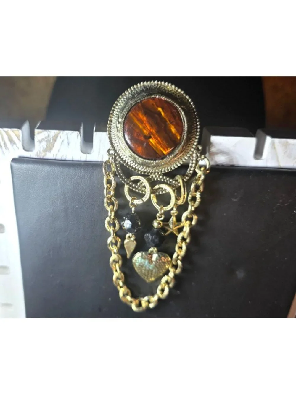 Vtg Gold Tone Brooch Brown Cabochon Black Beads  Heart Charms Chain Dangle MCM